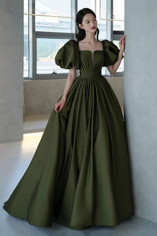A Line Green Puffy Sleeves Long Evening Gowns Party Prom Dresses S6931