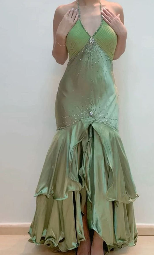 Green Halter Backless Beading Long Prom Dresses S6073