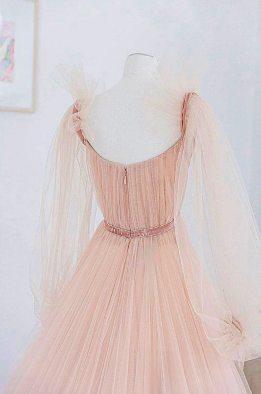 A Line Tulle Long Sleeve Pink Evening Dress Long Prom Dress S6334