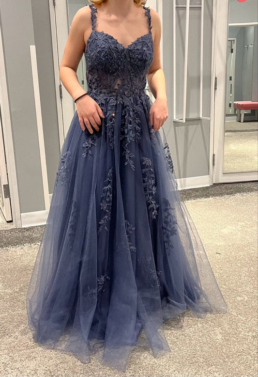 A line Sleeveless Tulle Lace Appliques Long Prom Dress S6505