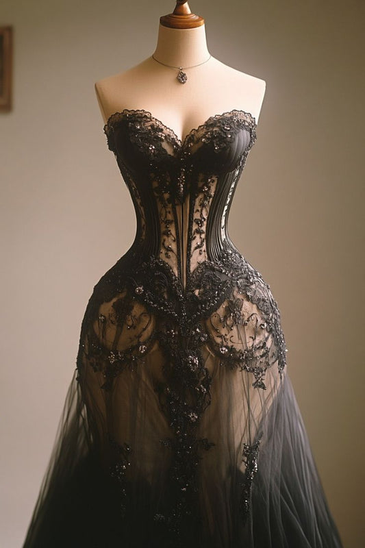 A Line Black Lace Party Prom Dresses Long Evening Dress S6582