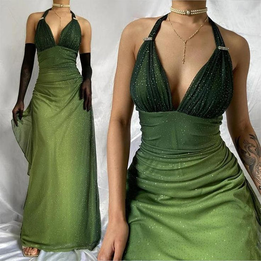 Green V Neck Halter Shiny Vintage Long Prom Dress S6131