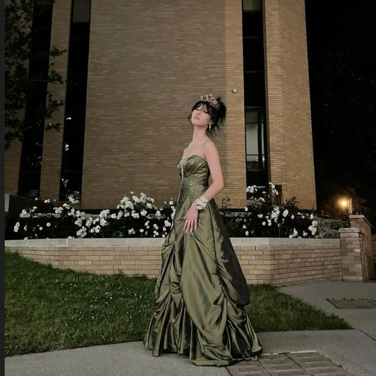 A line Strapless Green Floor Length Ball Gown Evening Dress