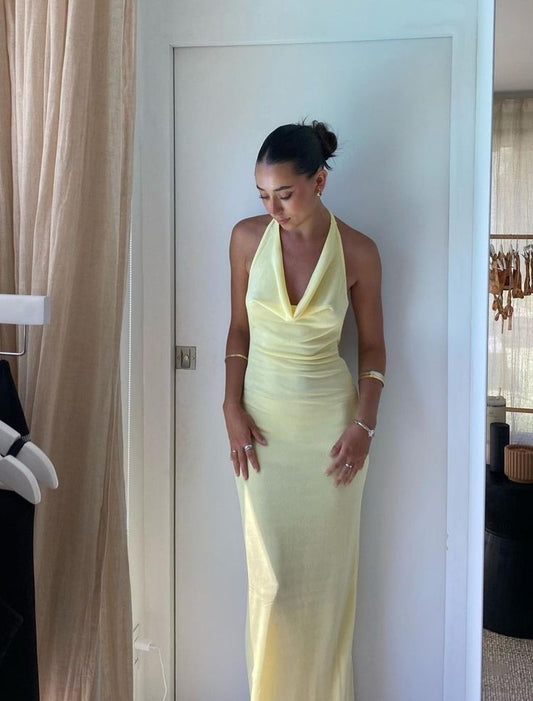 Halter Yellow Long Prom Dress S6018
