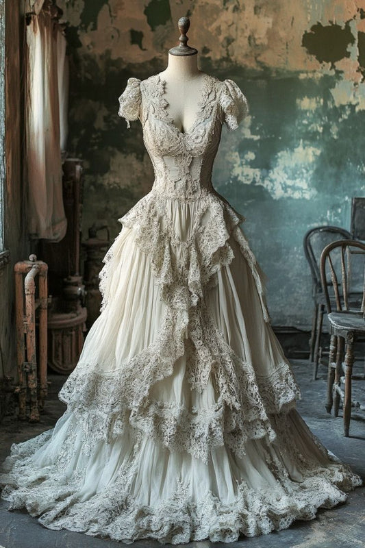 A Line Ivory Lace V Neck Wedding Dress Long Bridal Gown
