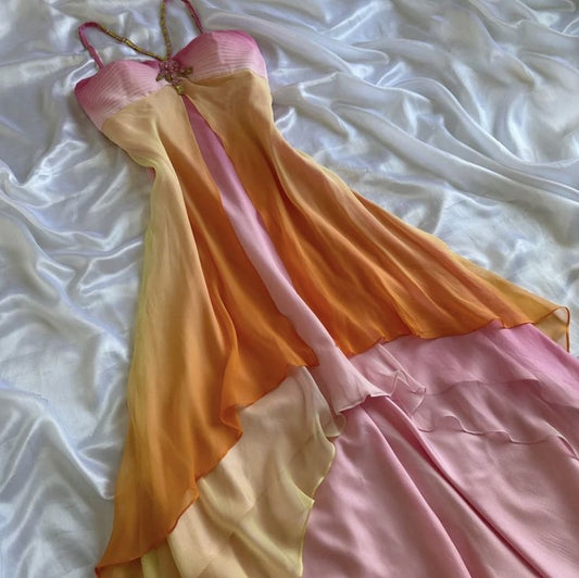 High Low Straps Ombre Chiffon Prom Dresses Evening Dress With Beads S6212