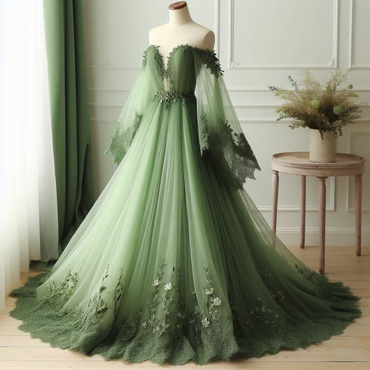 Green Off The Shoulder Wedding Dress Lace Applique V Neck Tulle Bridal Gown