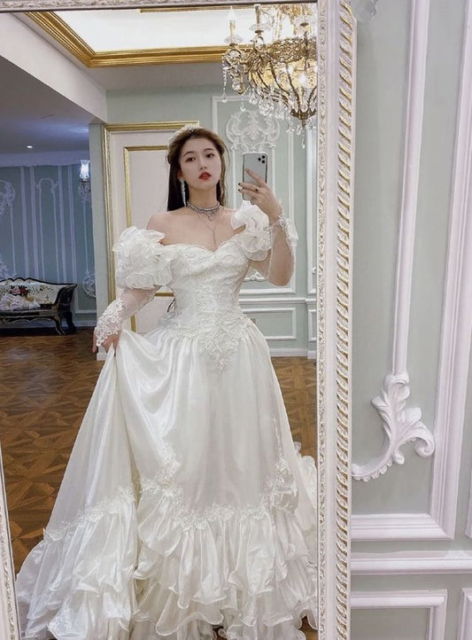 A Line Off Shoulder Long Wedding Dresses A Line White Bridal Gown S6358