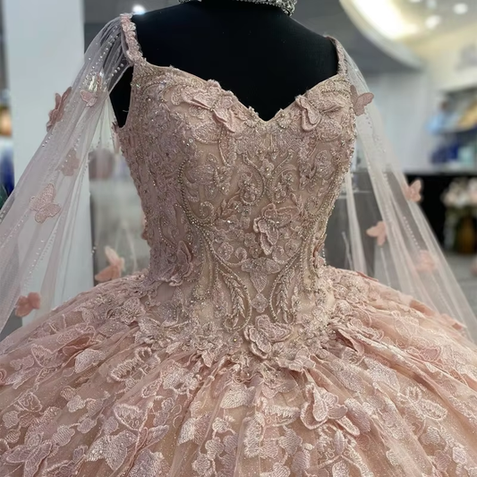 A Line Light Pink Tulle Prom Dress Puffy Quinceanera Dresses Ball Gown