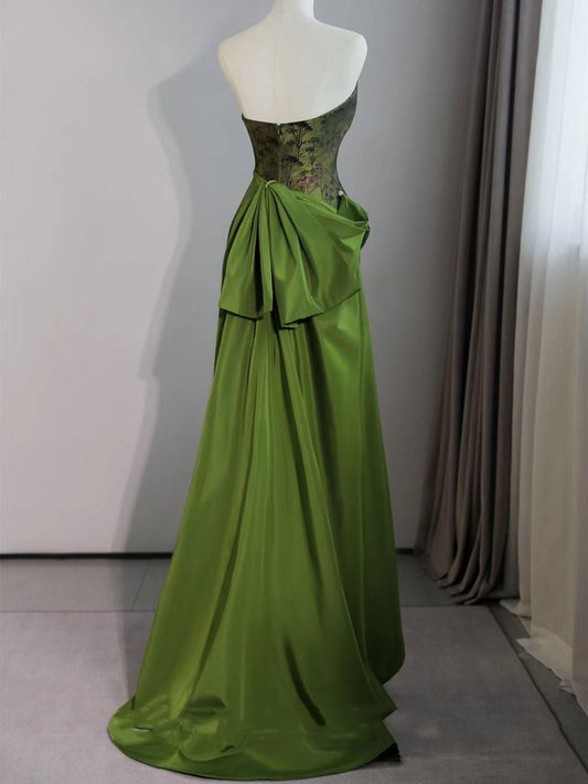 Green Strapless A Line Satin Long Prom Dress Retro Evening Gown S5623