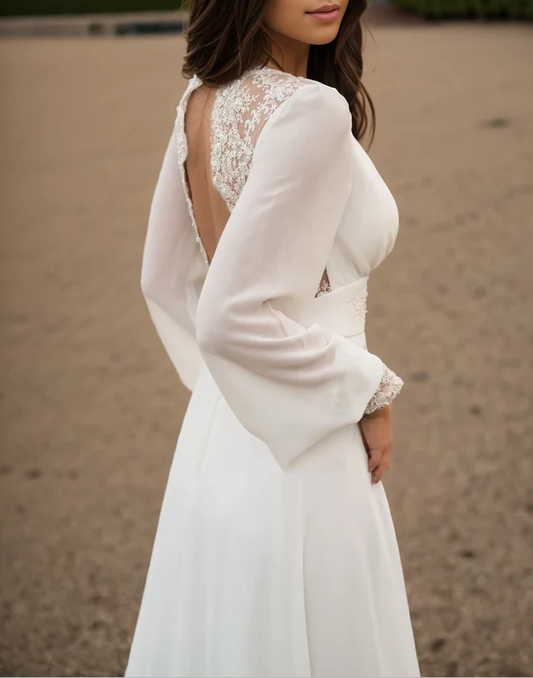 Ivory lace wedding dress long sleeve button back long train gown lace & chiffon Wedding Dresses