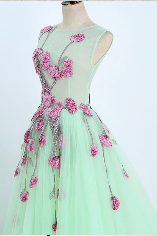 A Line Mint Green Sleeveless Tulle Formal Dress with Appliques, Long Tulle Prom Dress M1622