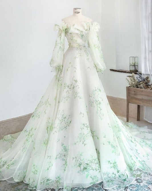 Green wedding dress, Bohemian wedding dress, Romantic wedding dress, Long Sleeve Dress S6644