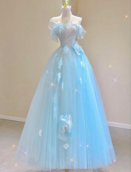 A line Blue Floral Prom Dresses Evening Dress S6650