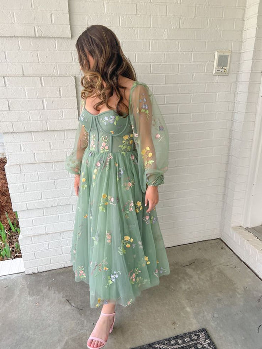Green Embroidered Lace Prom Dress, Long Green Prom Dress S6707