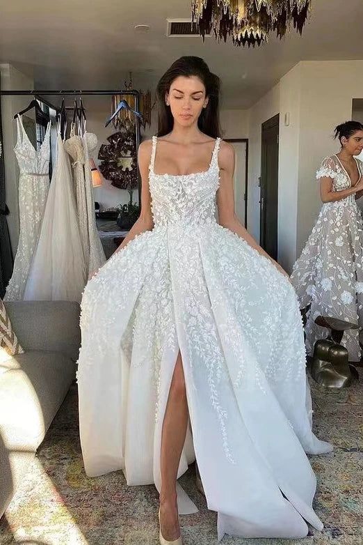 A Line Straps Long Wedding Dress with Lace Appliques, Gorgeous Bridal Gown with Slit S6738