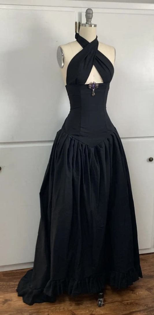 A line Black Halter Evening Dress Long Prom Dress S6756