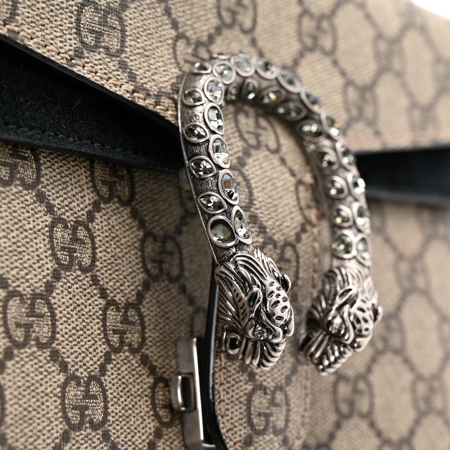 GG Supreme Monogram Suede Crystal Small Dionysus Shoulder Bag Beige Ebony Black