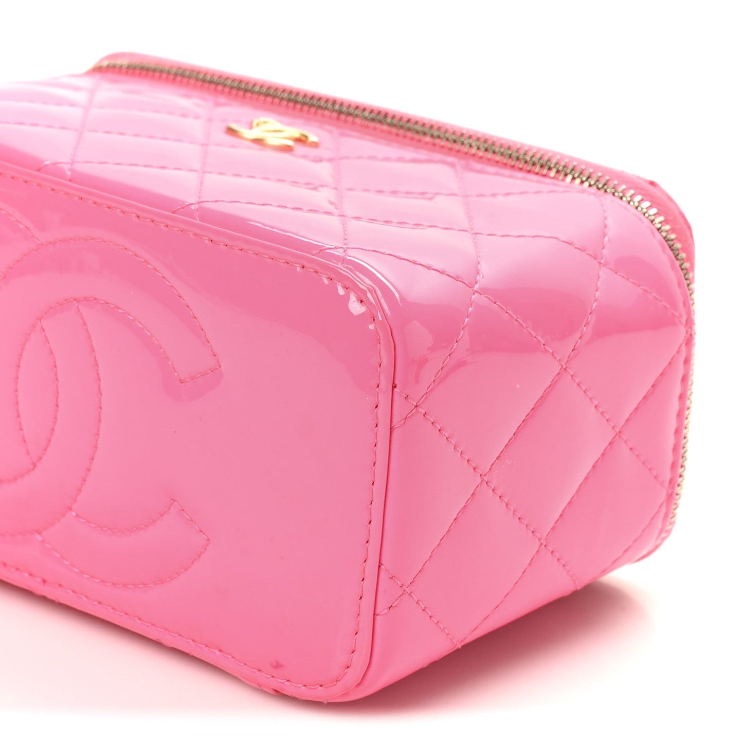 Patent Quilted Pearl Crush Small Vanity Case With Chain Neon Pink