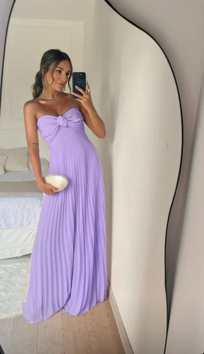 Strapless A Line Pink Long Prom Dress Pleated Formal Party Gown