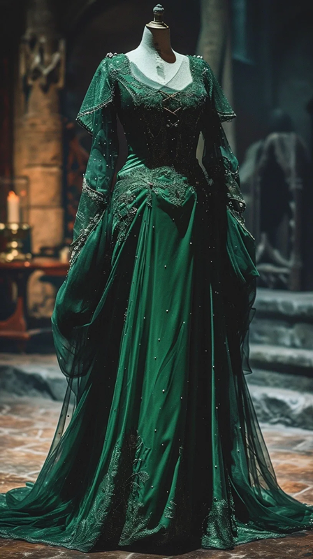 Green square neckline, fitted waist, elegant long ball gown R7207