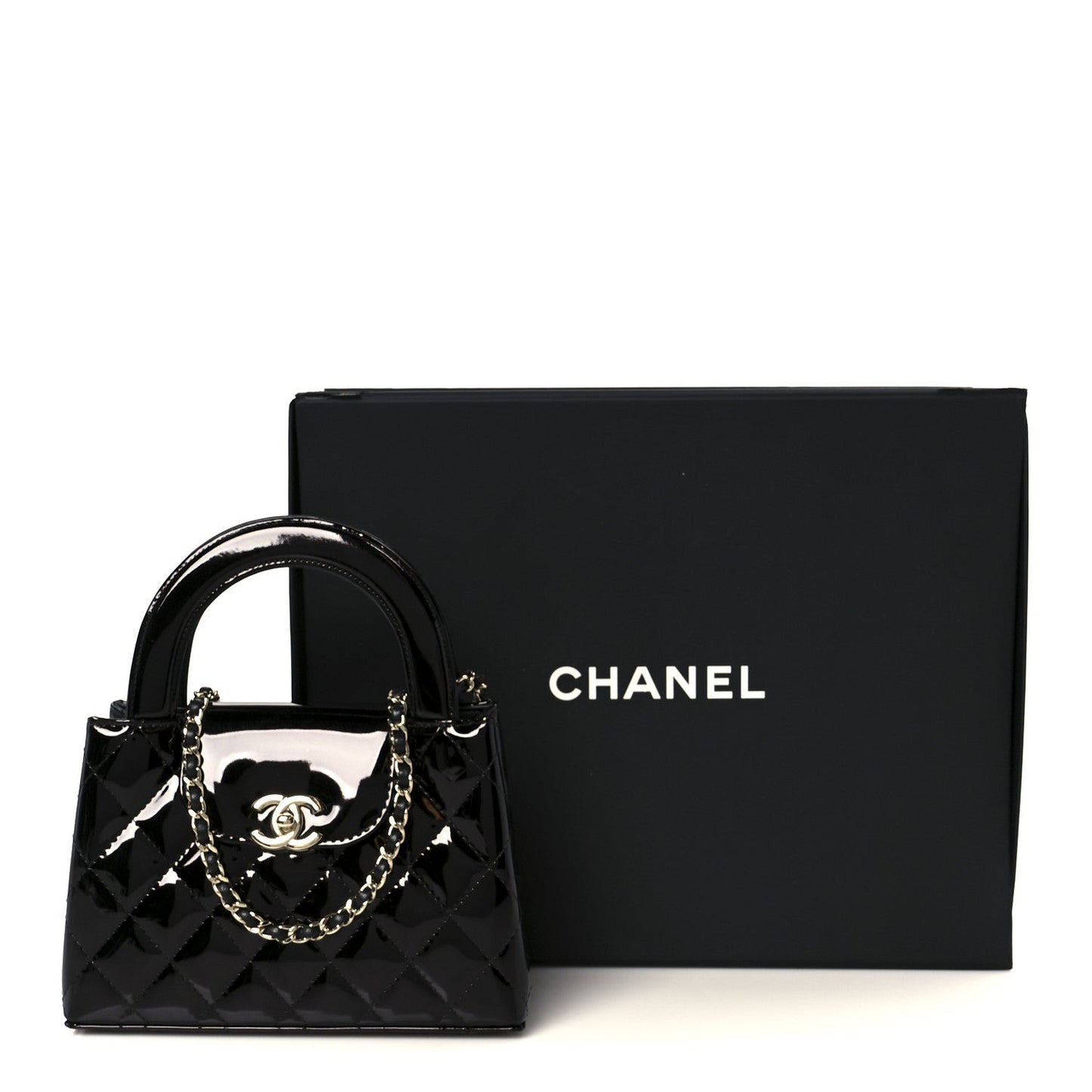Mirror Calfskin Quilted Nano Kelly Shopper Black