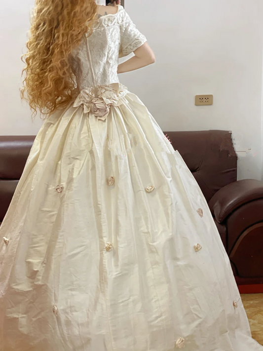 Ivory White V-Neck Waist-Cinched Puffy-Hem Ball Gown, Bridal Gown R7329
