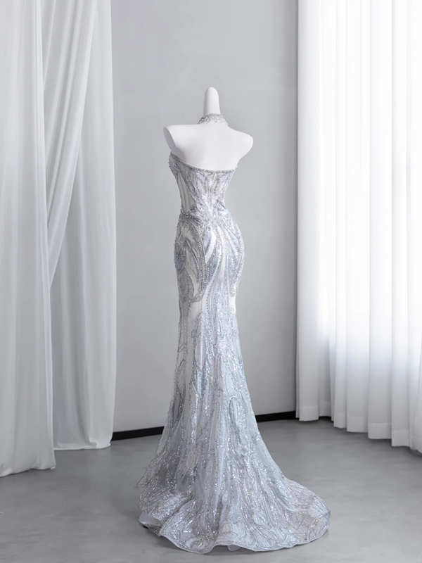 Light gray-blue strapless, fitted, bodycon, fishtail long ball gown R8431