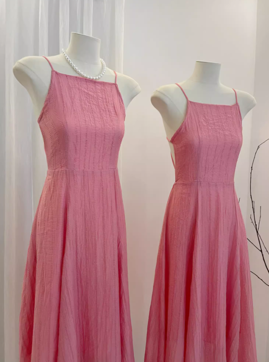 2025 new summer light peach pink sleeveless large swing backless holiday fairy back lace-up dress R0302