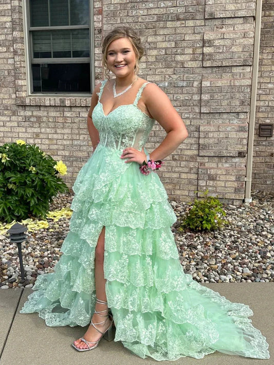 A Line Sweetheart Neck Layered Mint Green Lace Long Prom Dresses with High Slit, Mint Green Lace Formal Graduation Evening Dresses S7200