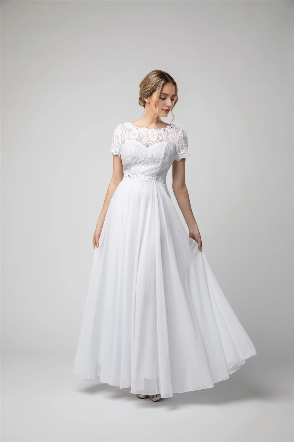 A-line lace tight corset long short sleeved chiffon dress
