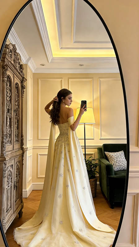 Light yellow off-the-shoulder fitted long ball gown, bridal dress R8598