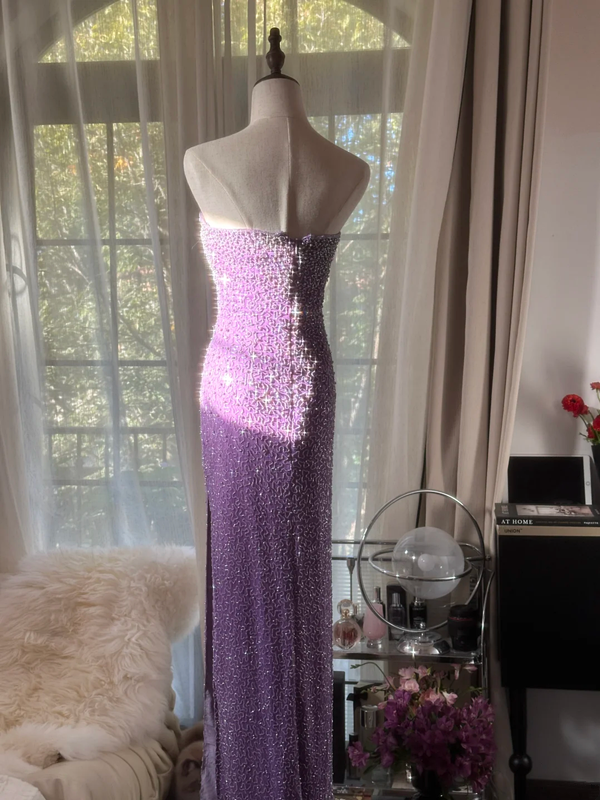 Purple strapless fitted waist slim beaded sexy long ball gown R7741