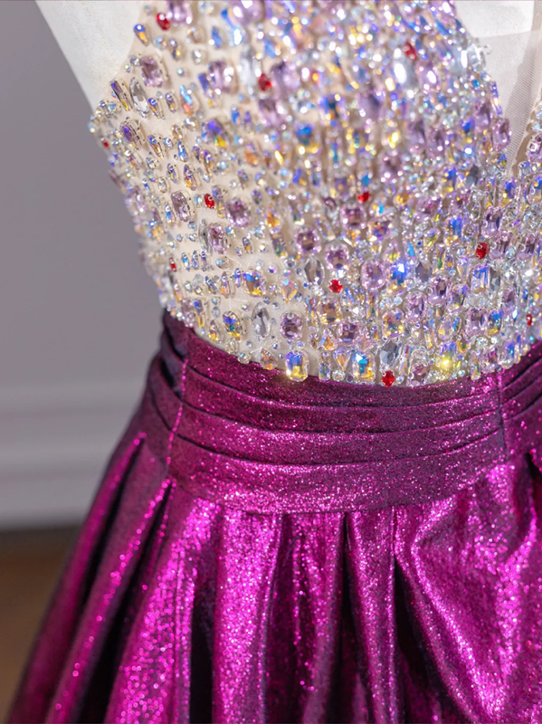 Rhinestone halter neck bodice, fuchsia long ball gown R8269