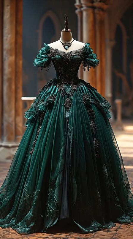 Green off-the-shoulder fitted waist slim-fitting ball gown with a full skirt R7199