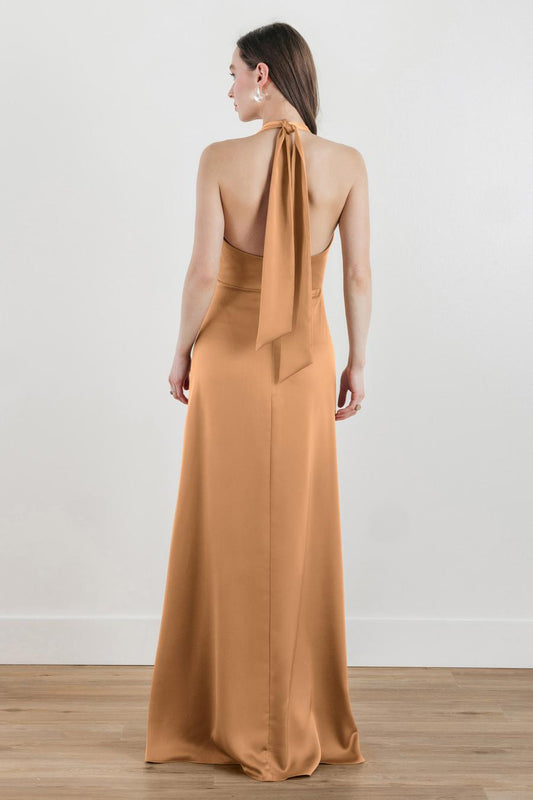 halter neckline off shoulder sleeveless satin backless and floor length evening dress