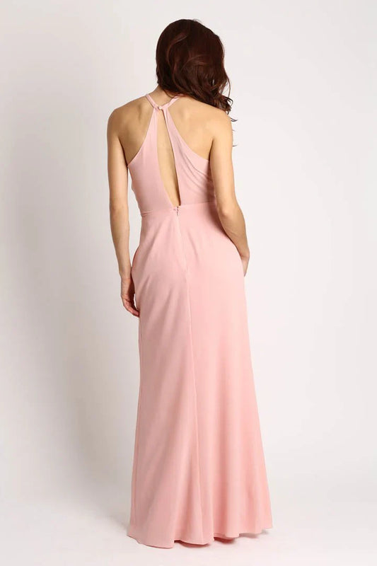 halter neckline off shoulder sleeveless backless and floor length evening dress