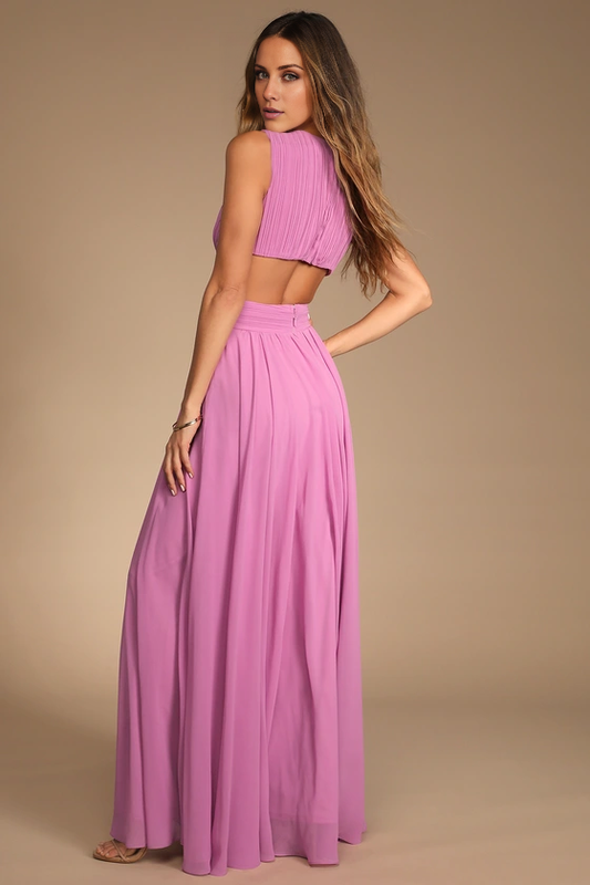 A-line deep V-neck sleeveless pleated details and floor length evening dress