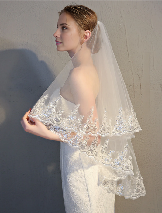- Two layer Classic Style/Lace Sticked Lace Wedding Dress with Fingertip Stickers/Maillette 33.46 inch (85cm) Lace/sheer/drape dress, leaving a deep impression on 2026
