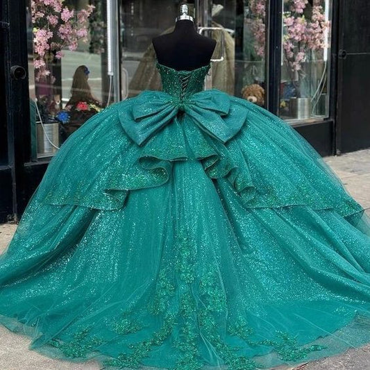 Green Appliques Lace Tull Ball Gown Quinceanera Dress Off The Shoulder Glitter Crystal Corset Dress