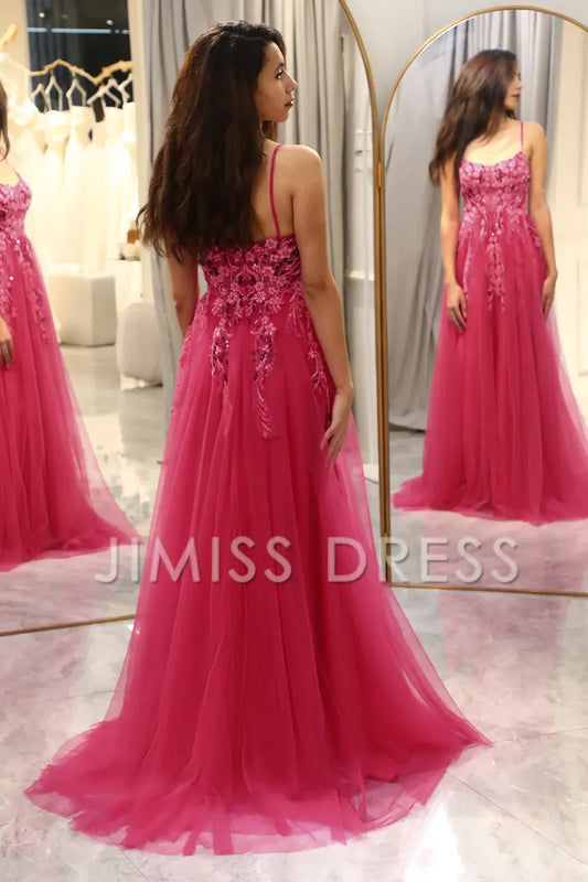 A Line Fuchsia spaghetti strap sheer long applique Prom dress