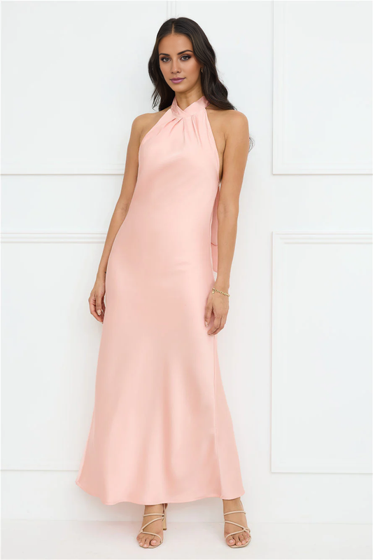 halter neckline satin bow tie tie maxi prom dress