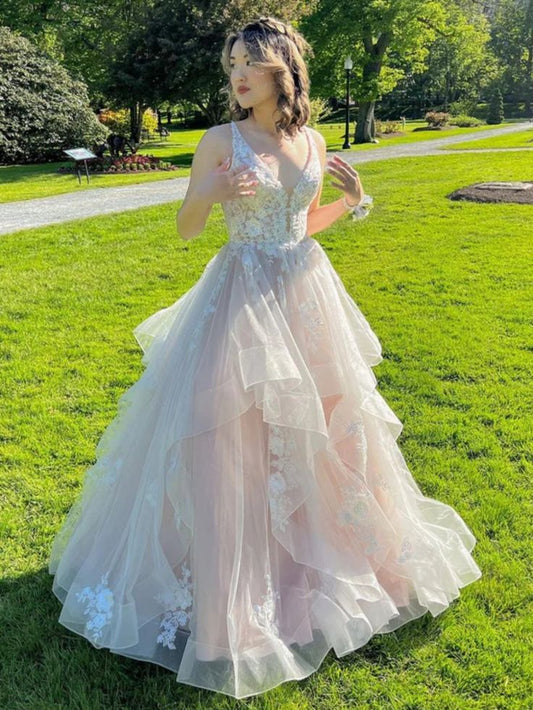 Lace Long Prom Dresses, Light Champagne Lace Formal Evening Dresses, Champagne Ball Gown S5361