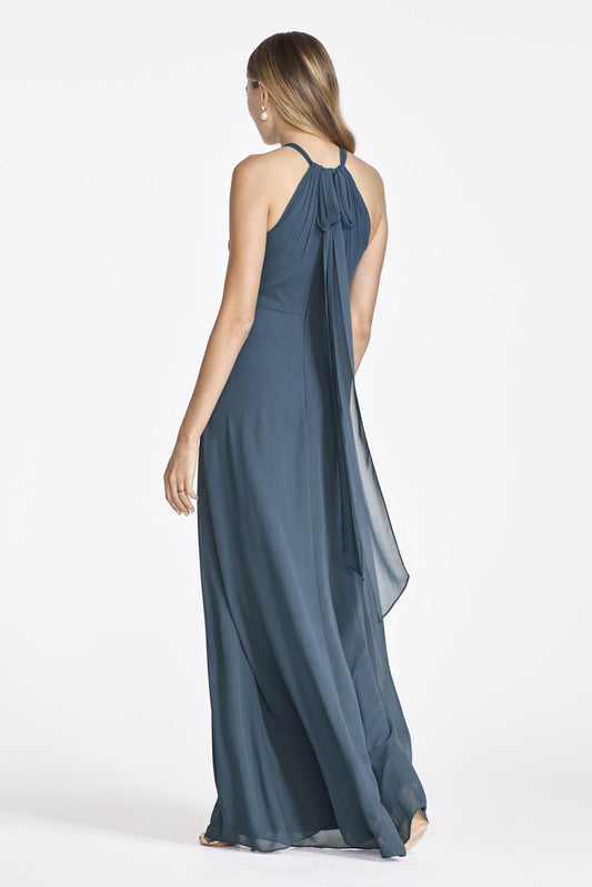 halter neckline sleeveless off shoulder pleated tie and floor length evening dress