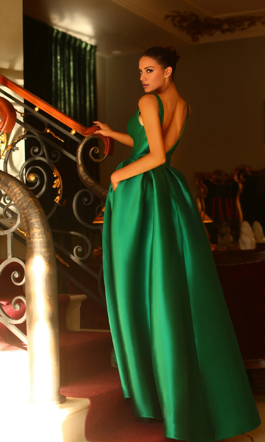 A-line deep V-neck off shoulder side slit and floor length evening dress