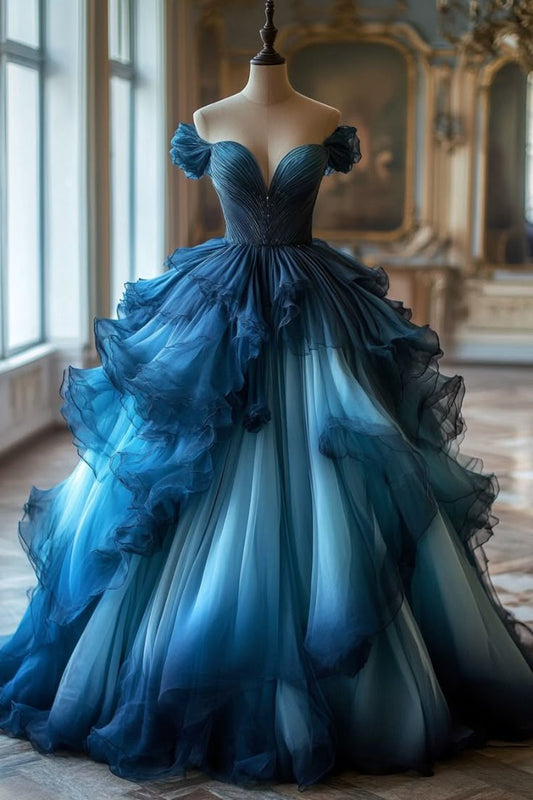 A Line Ombre Vintage Tulle Long Prom Dress Evening Dress S7132