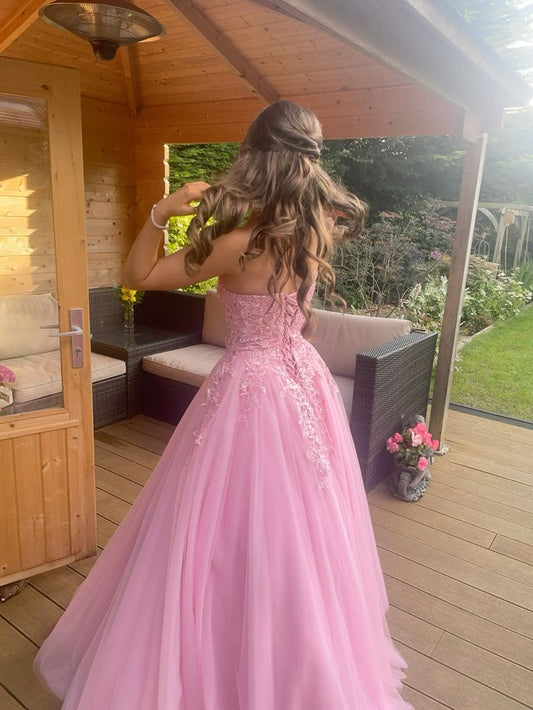 A Line Strapless Evening Gowns Pink Long Prom Dress