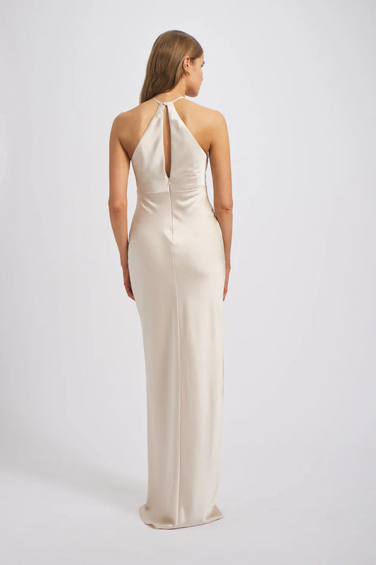 halter neckline sleeveless backless side slit and floor length Prom dress