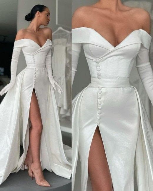 A-Line Evening Gown Elegant Dress Formal Court Train Long Sleeve Off Shoulder Satin with Buttons Pleats Slit dress S7018