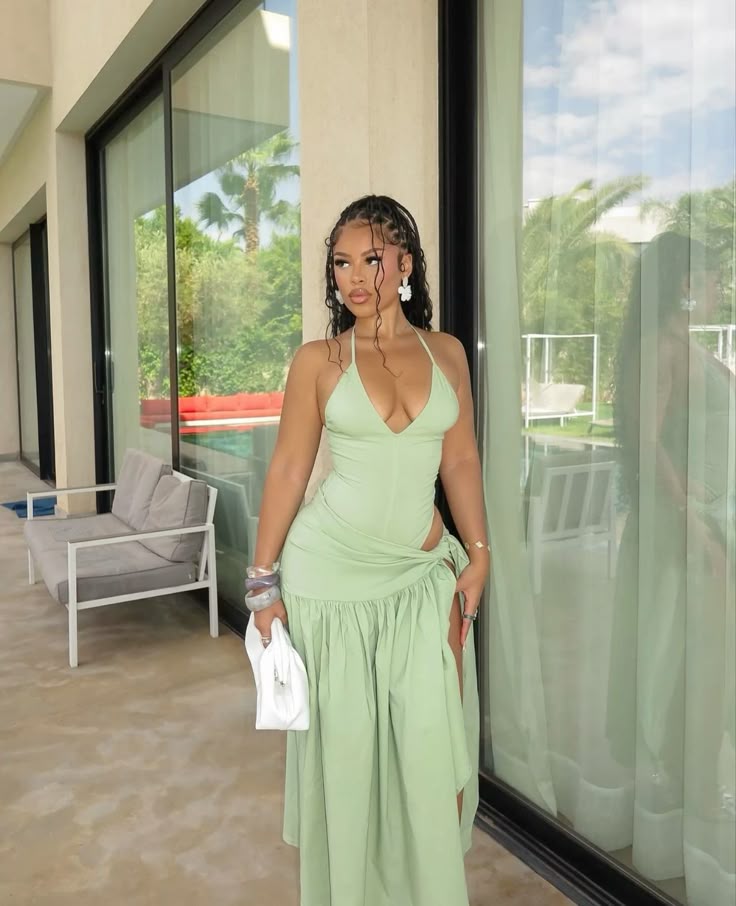Green Halter Evening Party Gowns Casual Dress